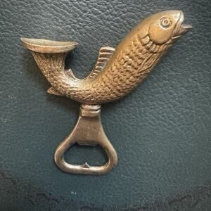 Vintage Italian Brass Fish Dual Bottle Opener Solid Angler Detail Scales Barware